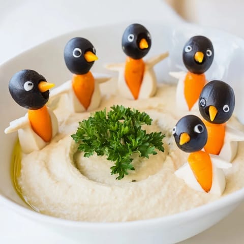 Picture a smooth, savory Winter Dip appetizer: olive penguins happily perched atop the dip.