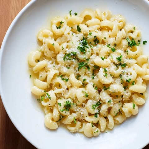 Close-up of creamy, flavorful one-pot garlic butter ditalini, a simple Italian-American comfort food dish.