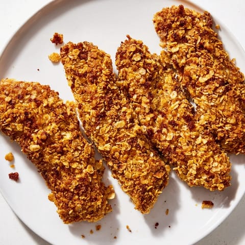 A close-up of baked Onion Chip Chicken Tenders, revealing their wonderfully crunchy chip crust and tender chicken.