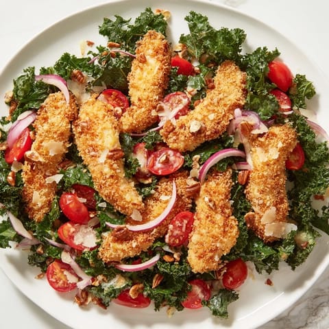 Golden, crispy chicken strips rest atop a vibrant bed of kale, cherry tomatoes, and red onion in this hearty Crispy Chicken Kale Salad.  