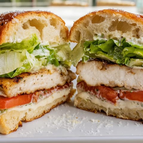 Grilled Caesar Chicken Sandwich on a rustic plate, showing melted Parmesan and fresh tomato slices beside a fork.  