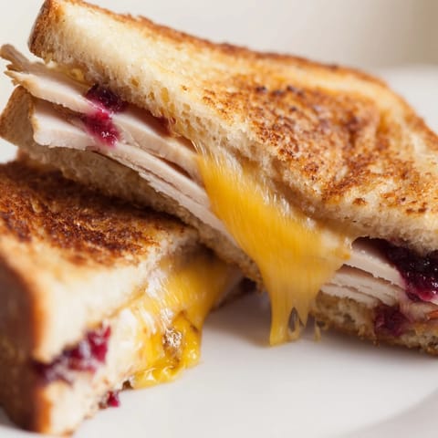 Golden toasted sourdough sandwich layered with smoked turkey, sharp cheddar, and tangy cranberry spread, sliced to show melted cheese.