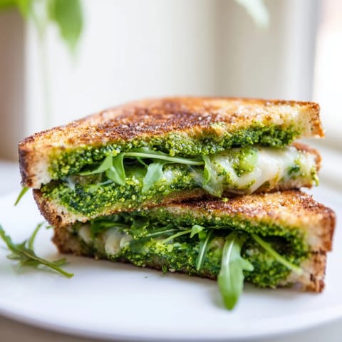 Fresh Spring Pea Pesto Grilled Cheese features melted mozzarella and vibrant green pesto on golden, crisp sourdough bread.  