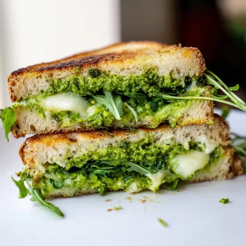 Spring Pea Pesto Grilled Cheese with gooey mozzarella and bright pea pesto served warm with fresh arugula.  