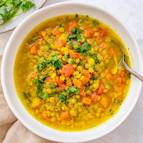 Steaming bowl of Mung Bean Soup with tender green beans, carrots, and cilantro garnish in a rustic ceramic bowl.