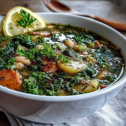 Homemade Kale Soup simmering with root vegetables, served hot with a rustic slice of crusty bread.