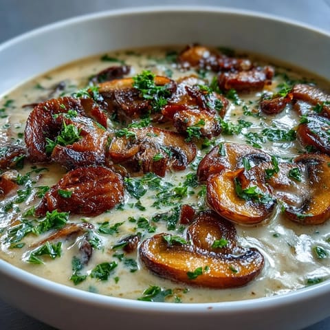 A rustic bowl of Creamy Mushroom Soup topped with fresh parsley, steam rising gently.