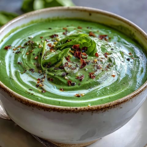 A close-up of creamy Spinach Soup in a white bowl, garnished with a swirl of cream and fresh cracked pepper.