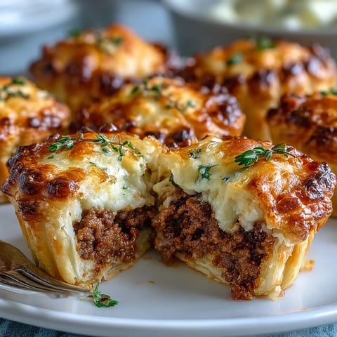 Golden-brown Mini Beef Tourtières with flaky pastry, served warm on a rustic plate with cranberry chutney.