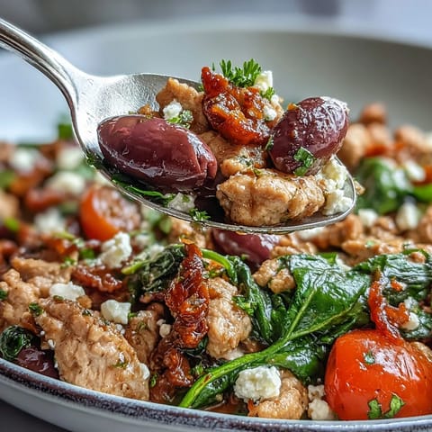 Freshly cooked Mediterranean Keto Ground Chicken Skillet with juicy cherry tomatoes, diced onion, and a drizzle of olive oil.