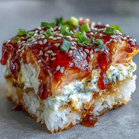 Golden-baked Spicy Salmon Sushi Bake in a white dish, featuring melted mozzarella, sesame seeds, and fresh avocado slices.