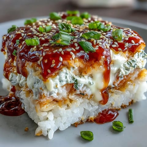 Vibrant layers of seasoned rice and spicy salmon mixture, ready to be scooped onto crispy roasted seaweed snacks for dinner.