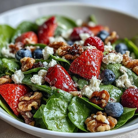 Crumble creamy goat cheese and toasted walnuts over a colorful Spinach and Berry Salad Bowl, perfect for a light, refreshing lunch.