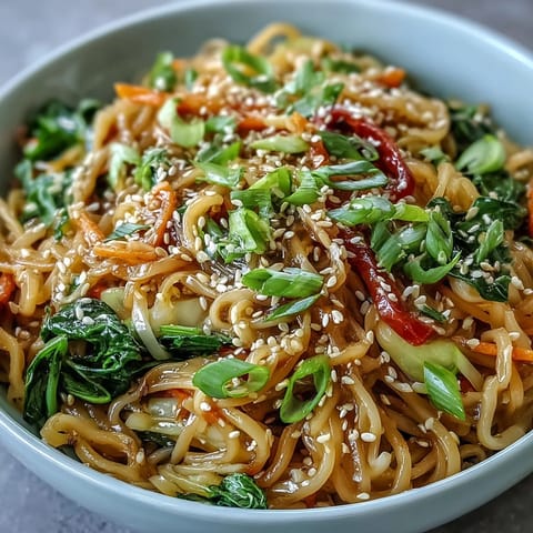 A close-up of a vibrant Shirataki Noodle Bowl garnished with sesame seeds and fresh herbs.