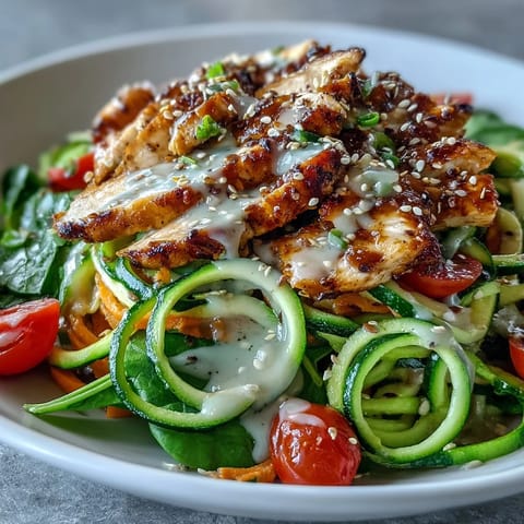 Vibrant Spiralized Vegetable Bowl with spiralized zucchini, sweet potato noodles, and grilled chicken topped with creamy tahini sauce.