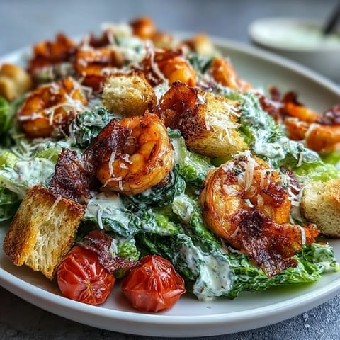 Freshly tossed Romaine Caesar Bowl topped with golden homemade croutons, shaved Parmesan, and sliced grilled chicken on a white plate.