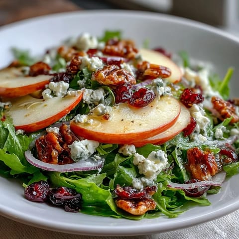 Fresh Mixed Greens and Apple Bowl salad with crisp apple slices, crunchy walnuts, and creamy feta cheese on a rustic wooden table.