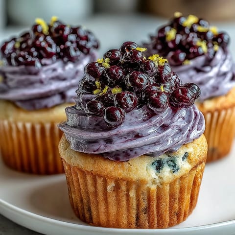 Olive Oil Cupcakes With Black Currant Frosting topped with jam in vintage liners.