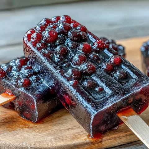 Homemade Black Currant Popsicles with bold purple hue and whole berries peeking through the icy texture.