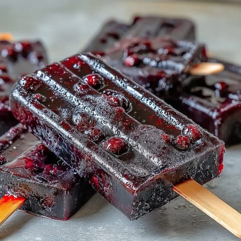 A close-up of vibrant Black Currant Popsicles melting slightly on a sunny summer afternoon.