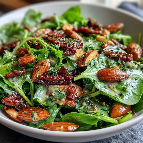 Spring Green Salad with Honey Mustard and Almonds, tossed with crisp snap peas and radishes, drizzled in tangy honey mustard dressing.  