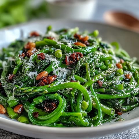 Bright shaved asparagus and pea salad with lemon dressing, topped with Parmesan and toasted pine nuts for crunch.  