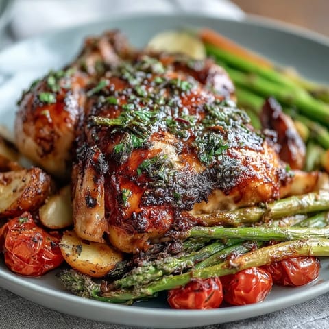 Healthy Easy Sheet Pan Chicken with Spring Veggies sizzling on a colorful, roasted vegetable medley for a vibrant dinner.