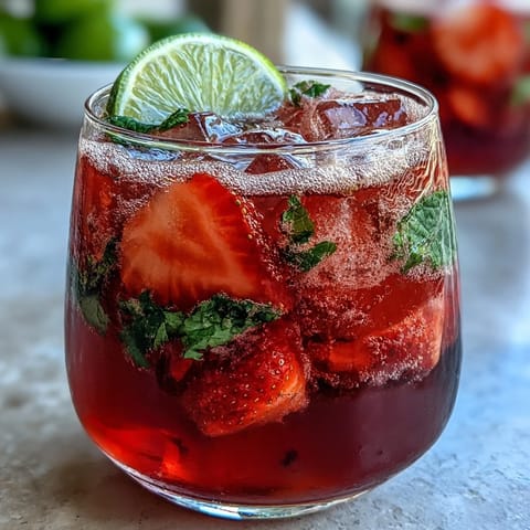 Vibrant strawberry lemon sparkling mocktail with fresh berries, mint, and ice in a clear glass, perfect for spring celebrations.