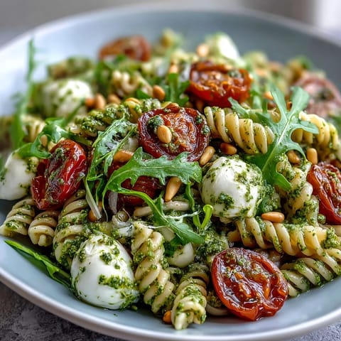Fresh summer pasta salad with pesto, cherry tomatoes, and mozzarella in a large bowl, garnished with basil leaves and pine nuts.