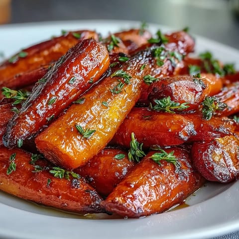 Aromatic roasted carrots with a honey-thyme glaze, tender and slightly charred, adding vibrant color and flavor to any festive meal.