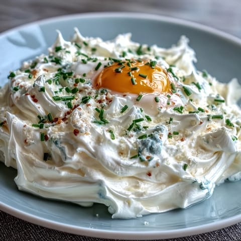 Fluffy cloud eggs with golden yolks, baked to perfection and garnished with fresh herbs for a whimsical breakfast.