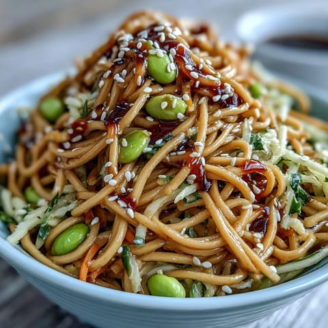 Fresh sesame ginger noodle bowl with cold soba noodles, crisp cabbage, and colorful vegetables in a tangy dressing.  