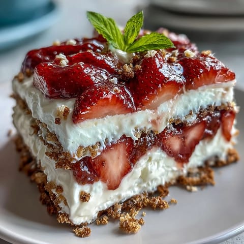 Festive no-bake icebox cake with layers of whipped cream, graham crackers, and fresh strawberries, perfect for Memorial Day celebrations.