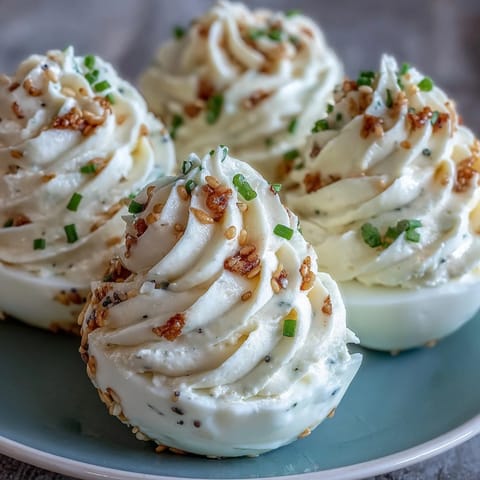 Creamy deviled eggs topped with everything bagel seasoning and fresh chives for a savory appetizer.  