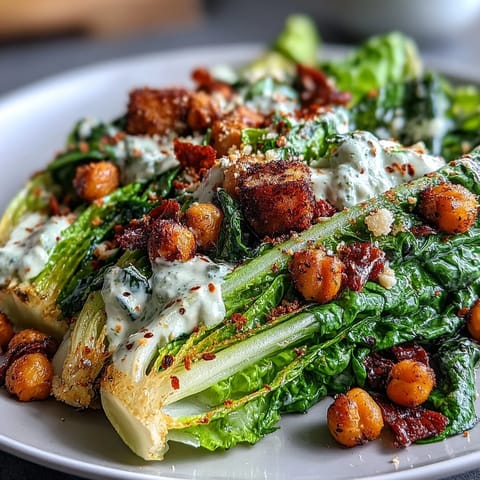 Vibrant vegan Caesar salad with crispy chickpea croutons, tossed in creamy dressing.
