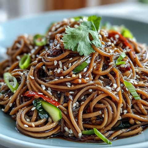 Colorful cold soba noodle salad with sesame ginger dressing, perfect for a light meal.