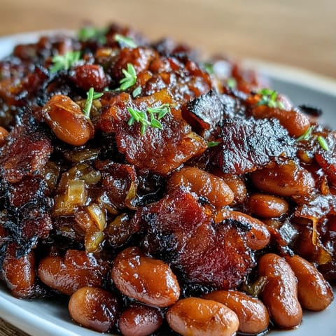 Deep, smoky-sweet Juneteenth BBQ Baked Beans with tender bacon, ready for sharing.