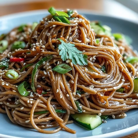 Chilled soba noodle salad with sesame ginger dressing, a vibrant, crisp, and refreshing dish.