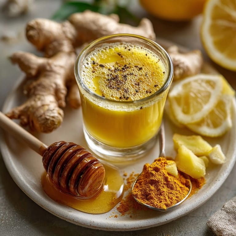 Close-up of a zesty Ginger Turmeric Wellness Shot, featuring honey and lemon in a small serving glass.