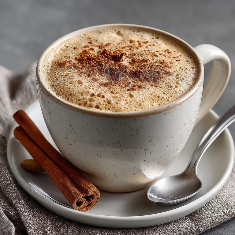 A creamy, golden mug of Fresh Ginger and Cardamom Chai Latte, fragrant and inviting.