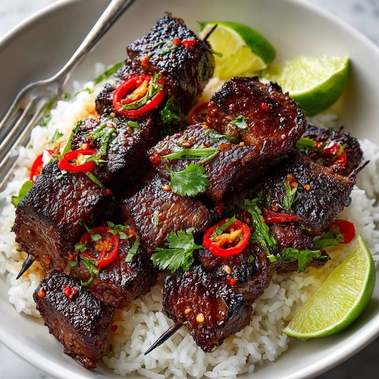 Vibrant Spicy Ginger and Lemongrass Beef Skewers, glistening with marinade, served with lime and cilantro.