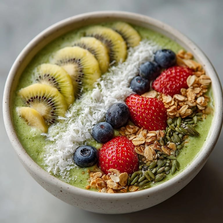 This creamy Fresh Ginger and Matcha Smoothie Bowl features green smoothie base, colorful toppings, ready for a tasty bite.