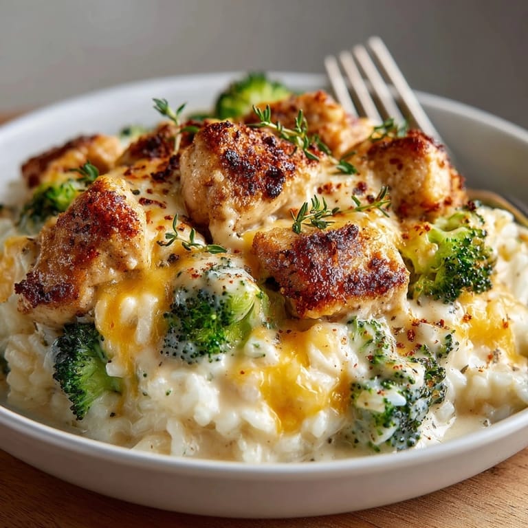Steaming bowl of Creamy Chicken and Broccoli Rice, featuring cheesy, vibrant broccoli florets and chicken pieces.