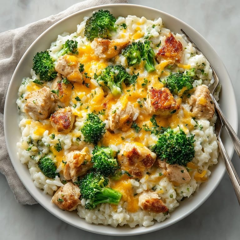 A close-up of finished Creamy Chicken and Broccoli Rice, showing the perfectly cooked, creamy texture.