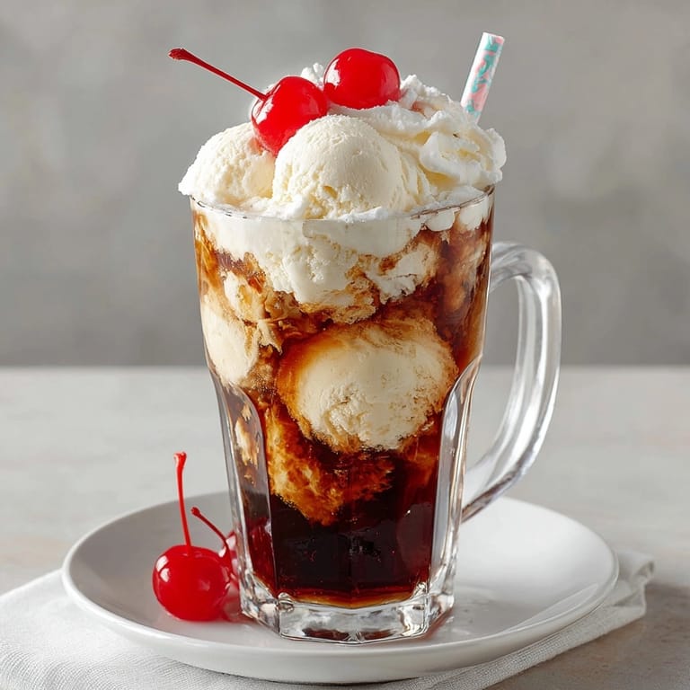 Frothy cream soda float cocktails with whipped cream and a cherry, a refreshing summer dessert cocktail.