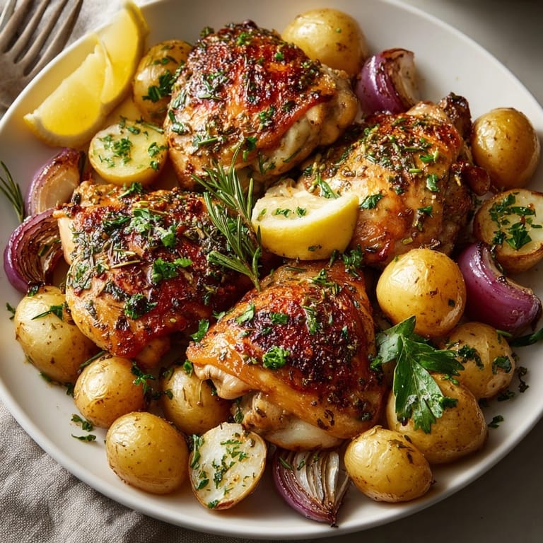 Juicy Lemon Herb Chicken and Potatoes served with vibrant herbs, perfect for a delicious weeknight dinner.