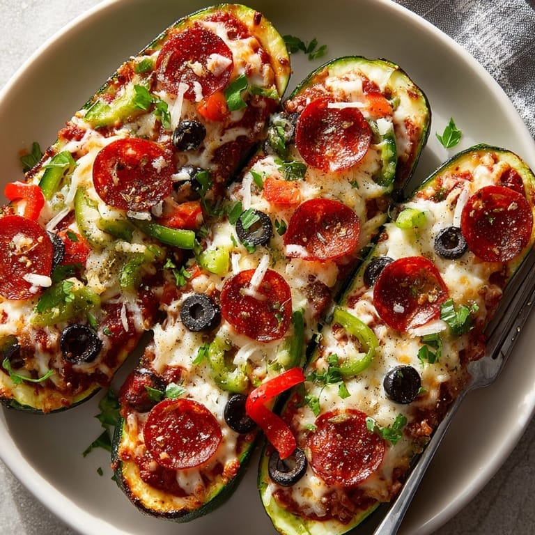 A close-up of colorful, cheesy zucchini pizza boats, a low-carb and delicious dinner.