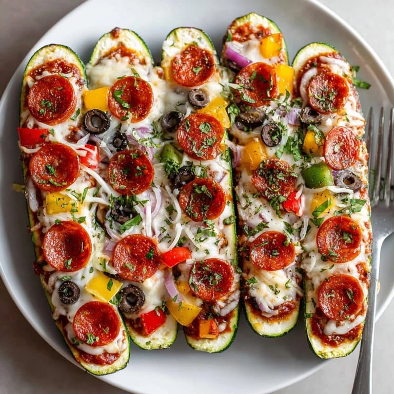 Baked zucchini boats loaded with toppings, a healthier take on pizza for a satisfying meal.