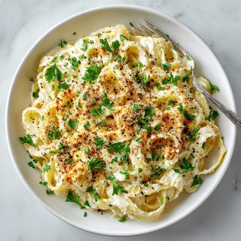 A close-up of the delicious Cashew Alfredo Pasta, finished with nutritional yeast and parsley.