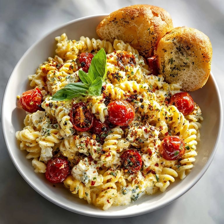 Vibrant image of baked feta pasta, with burst tomatoes, ready to be enjoyed with cloud bread.